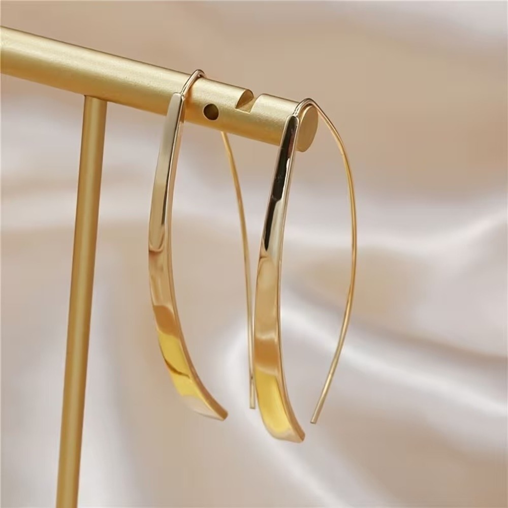 Gold Tone Modernist Arc Drop Earrings Minimalist Sleek Tapered Threader Dangles